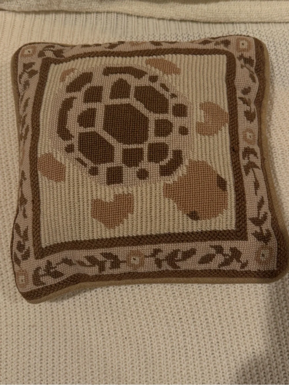 Vintage Handmade Sea Turtle Needlepoint Throw Pillow 12x12